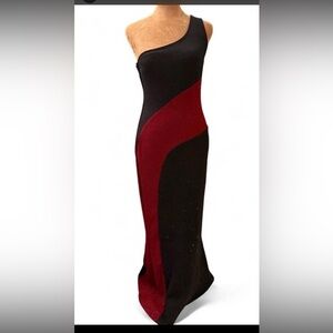 VTG Elegant One-Shoulder Black Burgundy Sparkle Black Tie Gala Glam Dress
